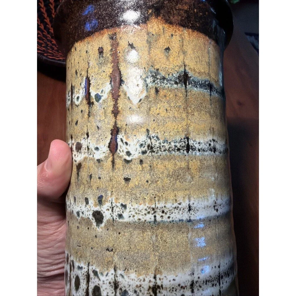 David Fernandez Seagrove Stoneware Striped Art Pottery Vase Utensil Holder-READ